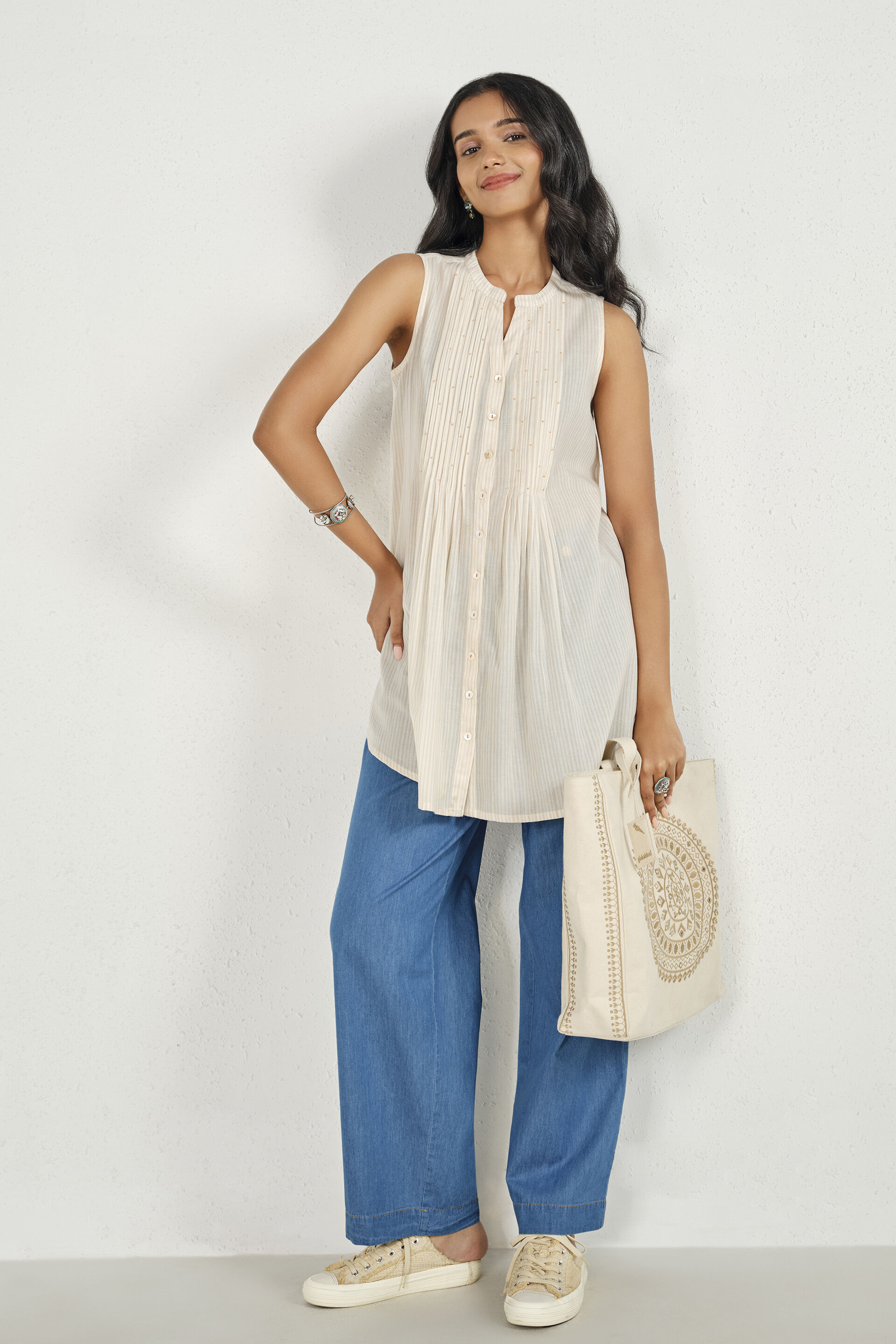 Beige Printed Sleeveless Tunic, Beige, image 3
